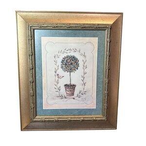 Art deco frame topiary tree print picture gold‎ tone wooden wall hanging